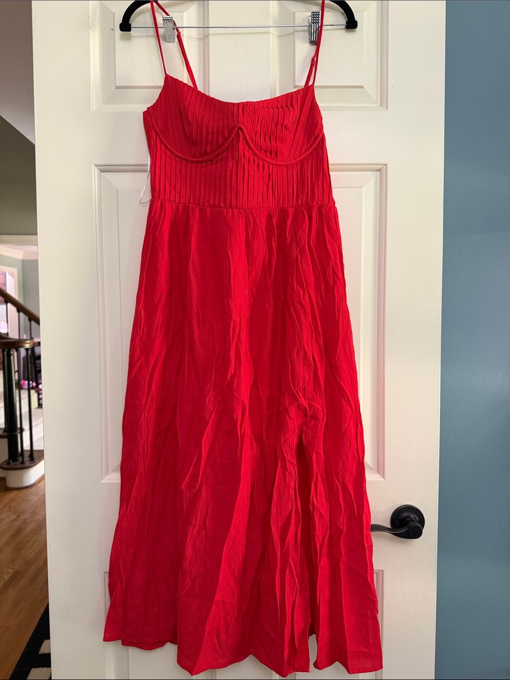 Strapless Red Midi Dress with Ruched Bodice
